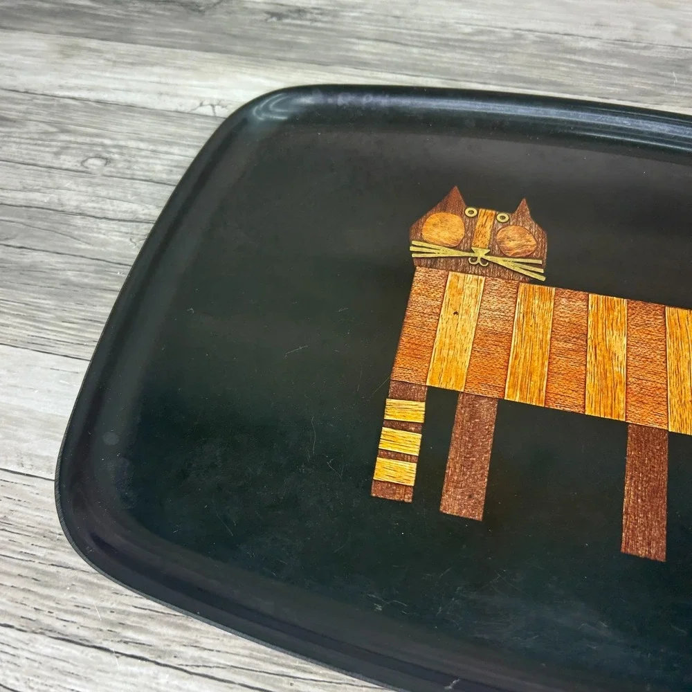 Couroc Of Monterey Serving Tray Hand Inlaid Wood Cat Vintage MCM